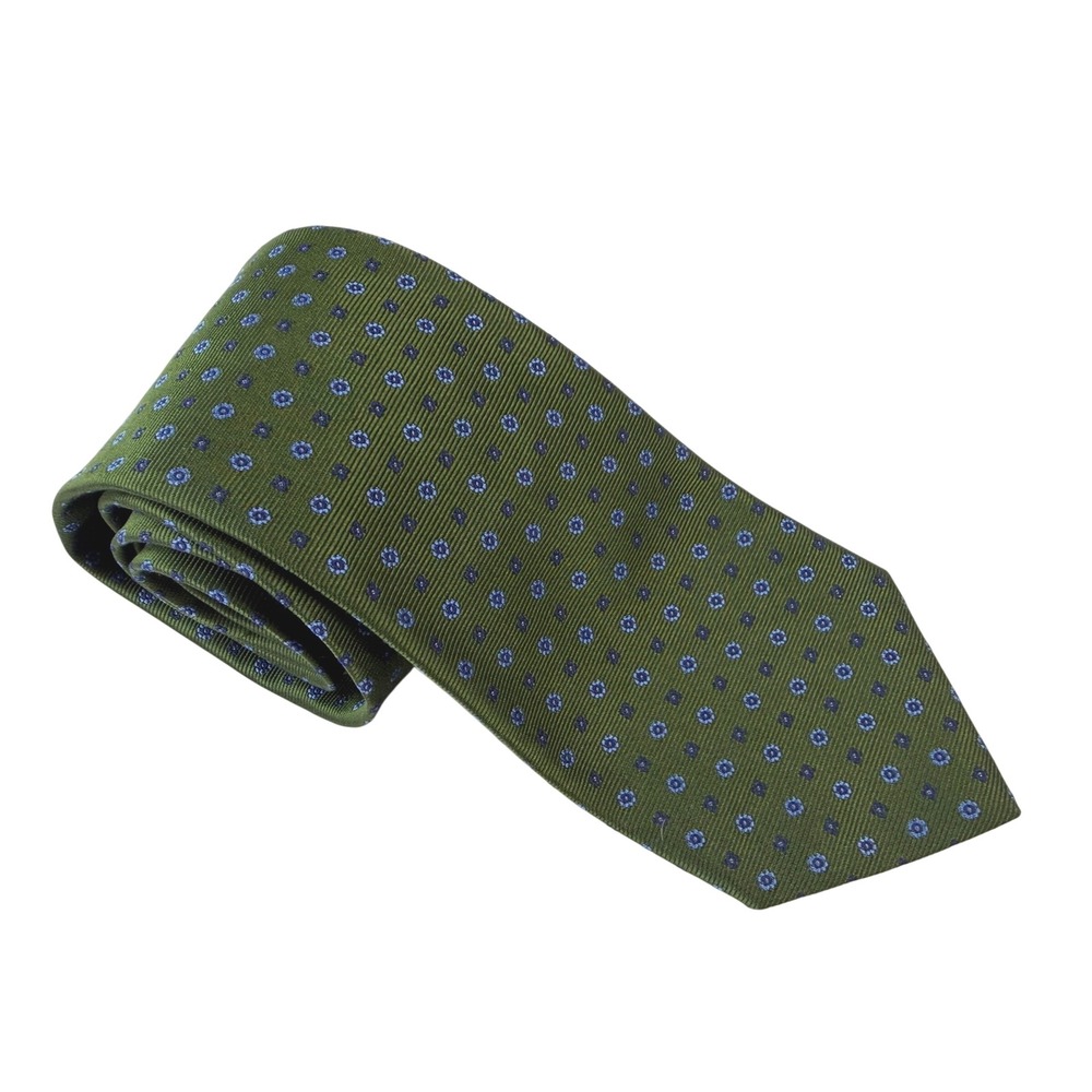 Brooks Brothers 346 Mens Silk Tie Olive Green Blue Floral Medallion Made in USA